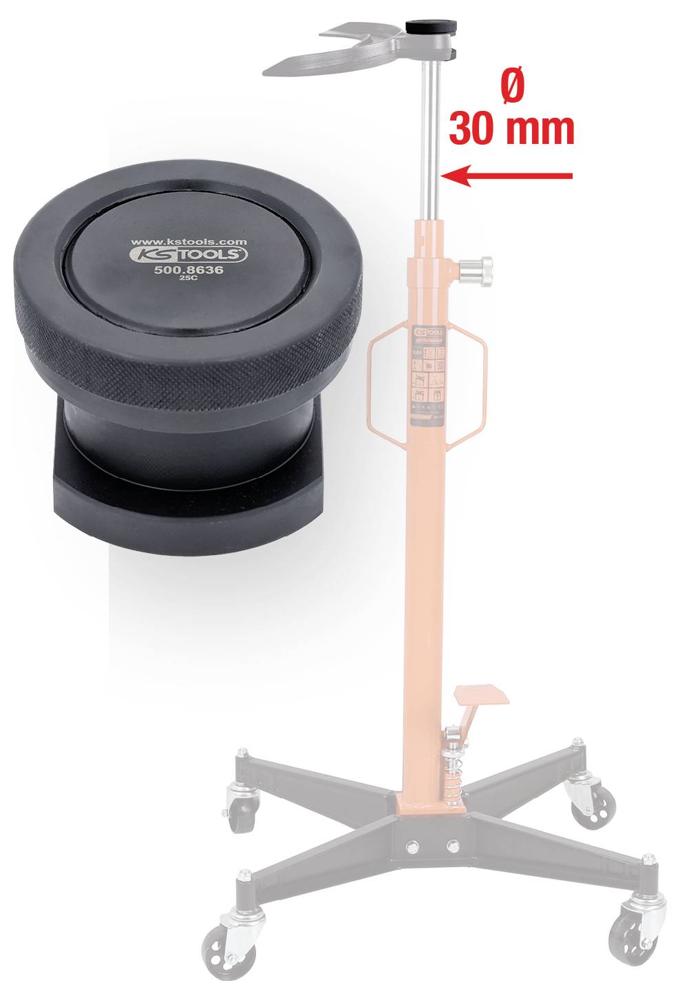 Radnabenkappen-Abzieher-Werkzeug von 'Astro Tools' mit rundem schwarzem Kopf und 30 mm Durchmessermessung, präsentiert auf einem Rollständer.