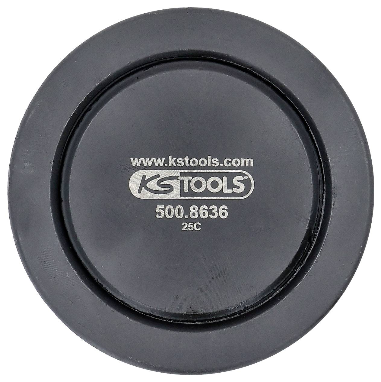 Ein schwarzes, rundes Gummipad mit der Webseite 'www.kstools.com' und der Modellnummer '500.8636 25C', die oben aufgedruckt sind.
