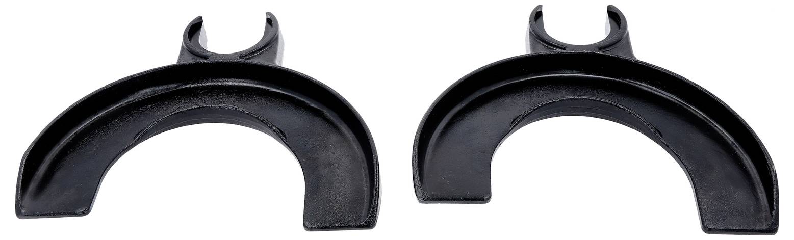 Zwei schwarze, halbmondförmige Plastikgegenstände mit gegabelten Enden, die nach oben zeigen. Sie sind in Form identisch und nebeneinander platziert.