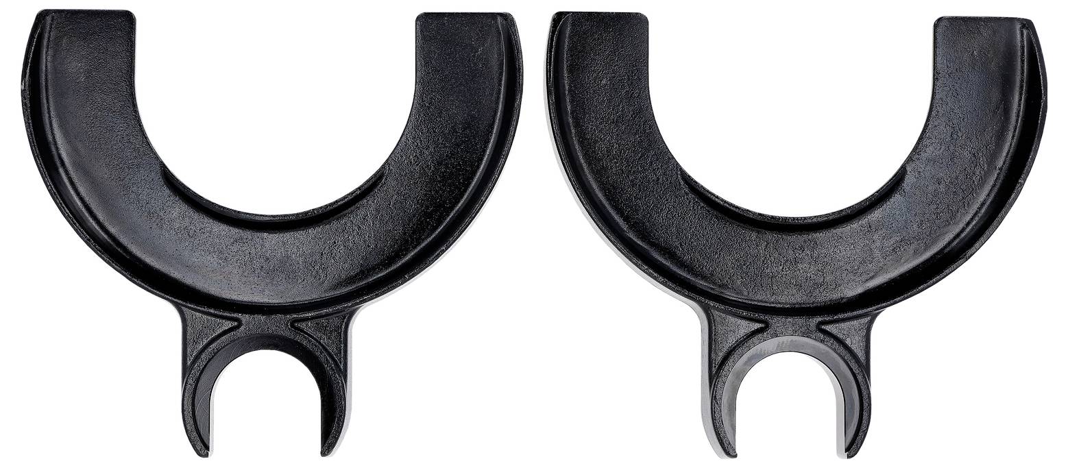 Zwei identische schwarze Plastik-U-Clips mit abgerundeter Basis und einer schmalen offenen Endseite, die zum Befestigen von Gegenständen oder Kabeln verwendet werden.