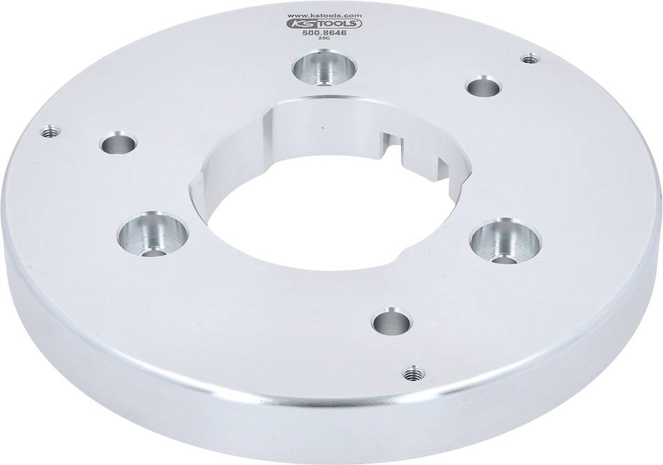 Eine kreisförmige metallische Werkzeugkomponente mit mehreren Löchern und einem zentralen Ausschnitt, konzipiert für mechanische oder technische Anwendungen.