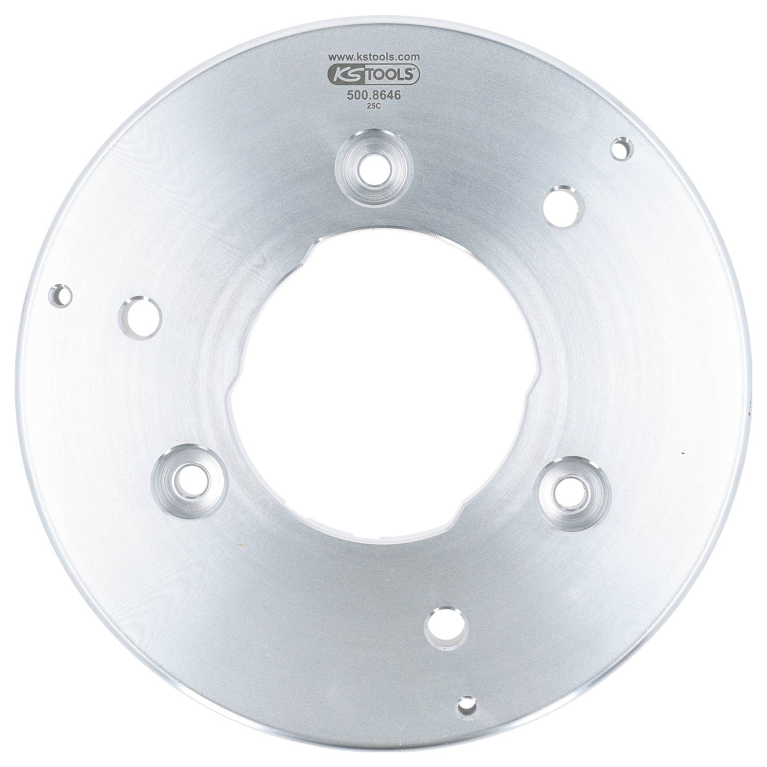 Ein kreisförmiges Metallwerkzeug mit mehreren Löchern, gekennzeichnet mit 'KS Tools 500.8646 25'.