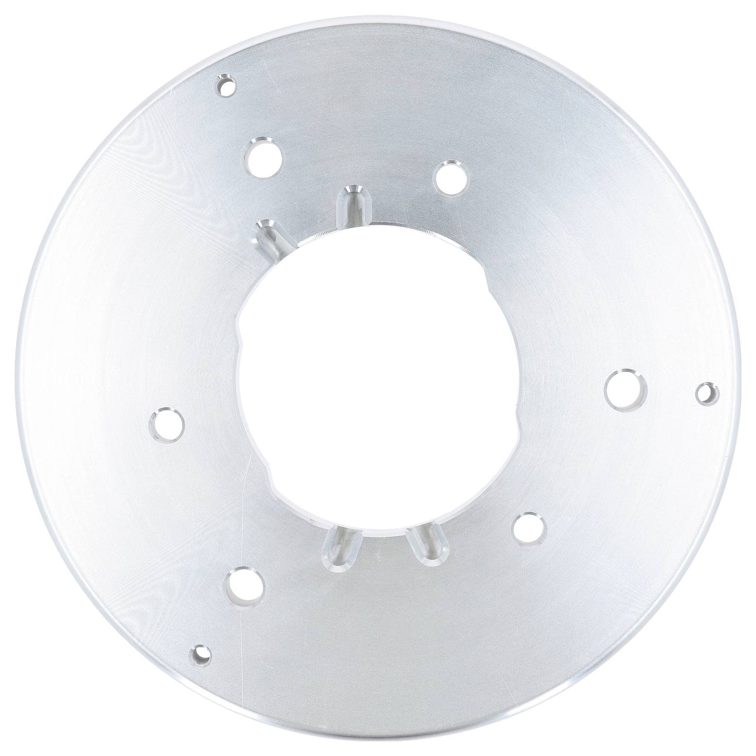 Eine runde metallische Montageplatte mit mehreren Löchern, die zum Befestigen von Komponenten in mechanischen oder technischen Anwendungen verwendet wird.