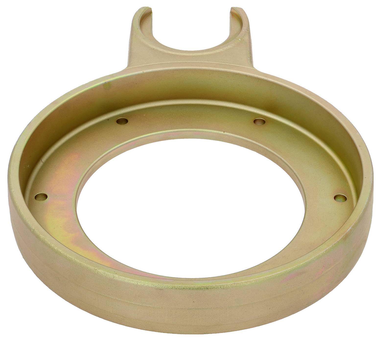 Eine kreisförmige Metallhalterung mit einer U-förmigen Verlängerung und vier kleinen Löchern, wahrscheinlich für mechanische oder industrielle Zwecke verwendet.