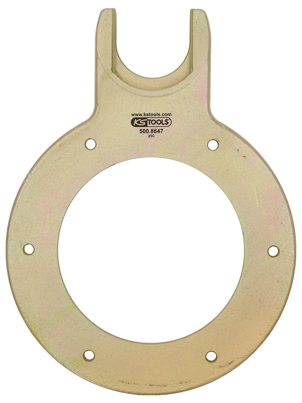 Eine messingfarbene Metallverriegelungsplatte mit einer kreisförmigen Gestaltung, die mehrere Löcher und eine U-förmige Aussparung am oberen Rand aufweist, mit der Beschriftung 'KS TOOLS 500.8647 AE'.