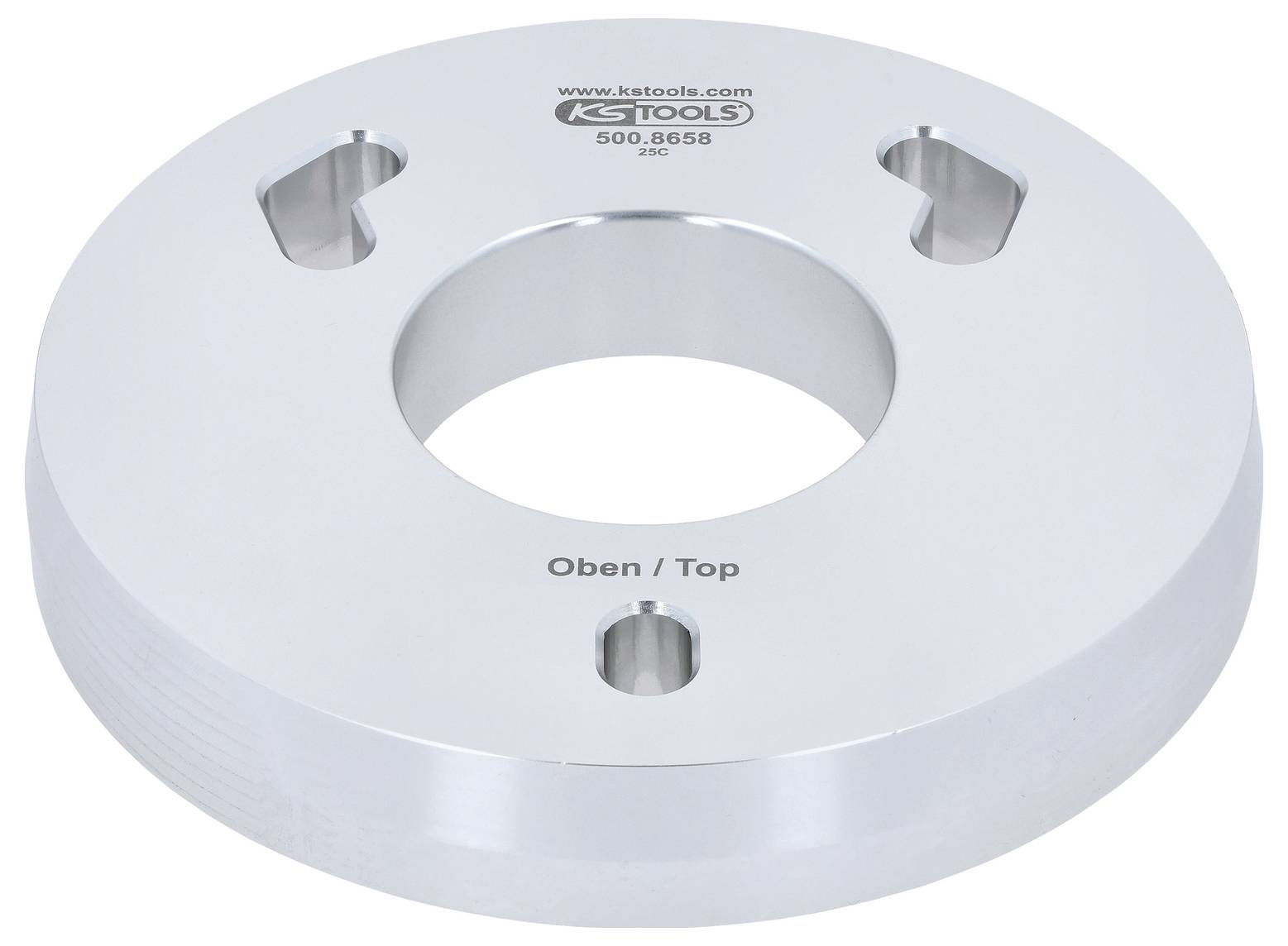 Kreisförmige Metallscheibe mit einem zentralen Loch, beschriftet mit 'Oben/Top'. Graviert mit 'KS TOOLS' und Modell '500.8658'.