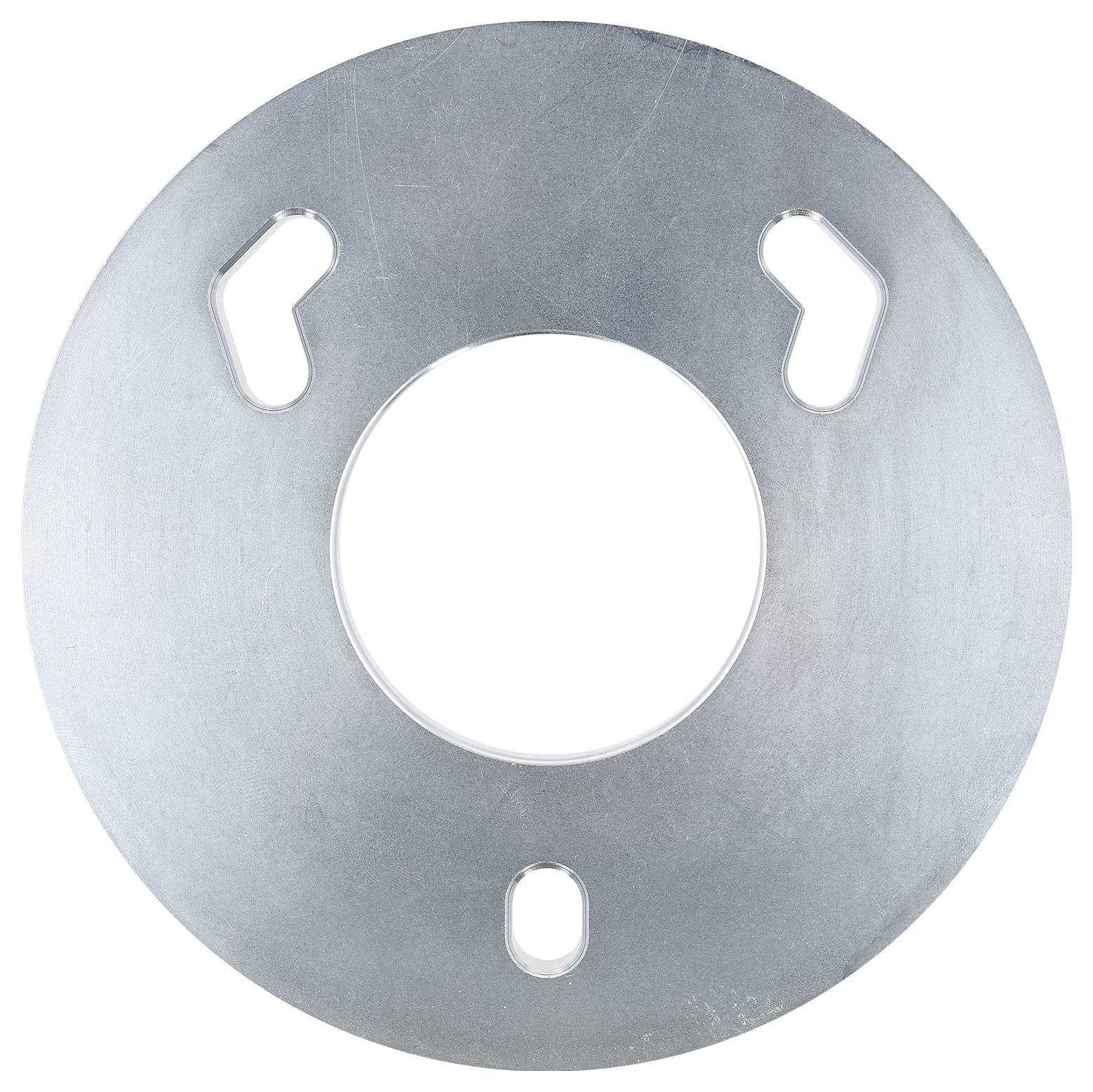 Eine runde Metallscheibe mit einem großen zentralen Loch und drei kleineren Befestigungslöchern am Rand.