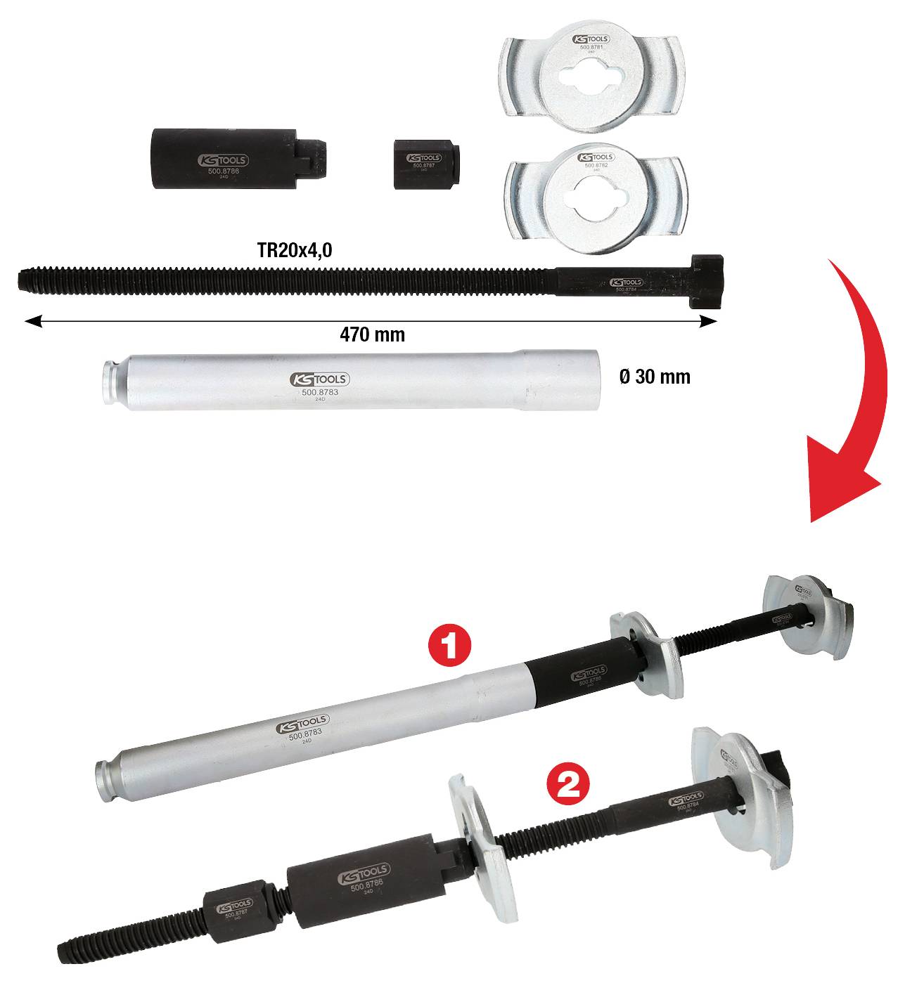 Werkzeuge zum Entfernen und Installieren von Lagern oder Buchsen. Beinhaltet Gewindestangen, Adapter und Komponenten zum Zusammendrücken von Teilen.