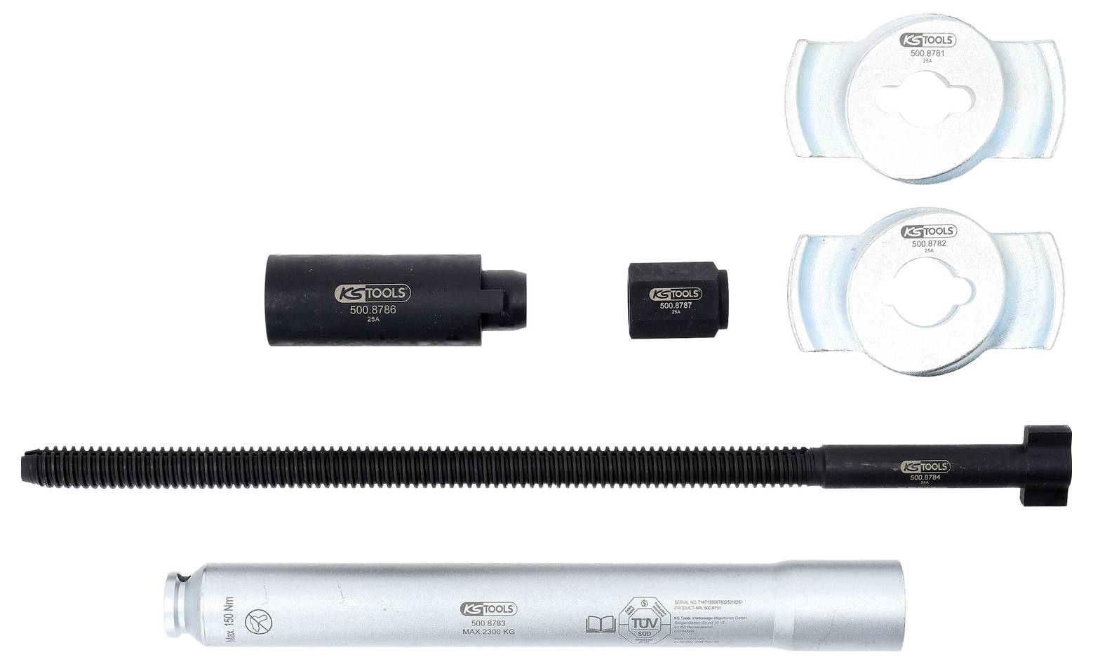 Ein Federspanner-Werkzeugset mit verschiedenen Komponenten, einschließlich Gewindestangen, Klammern und Adaptern, das für die Fahrzeugwartung entwickelt wurde.