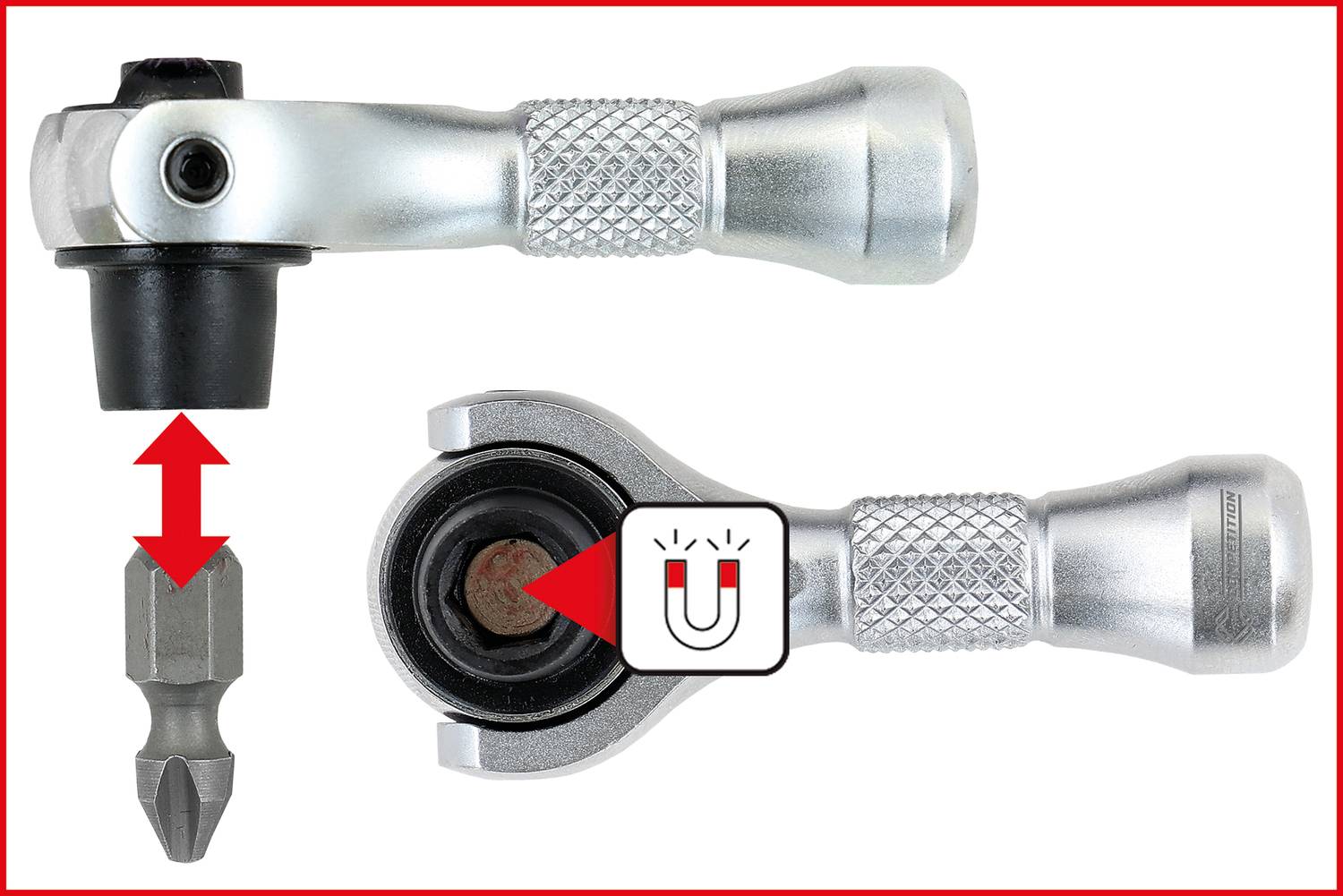 Bild zeigt einen silbernen Ratschenschraubendreher-Griff mit einer magnetischen Spitze, die auf einen Bit weist und damit seine magnetische Bithaltefunktion veranschaulicht.