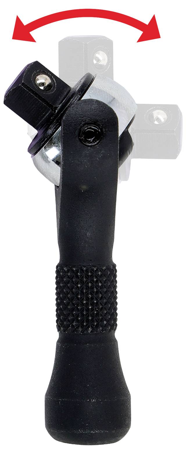 Ratschenkurbel für Steckschlüssel mit Schwenkgelenk und Pfeil zur Anzeige der Drehrichtung.