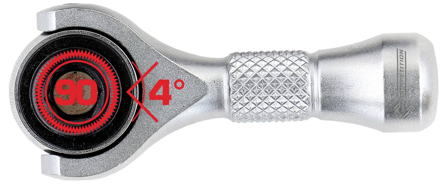Schraubenschlüssel-Werkzeug, das eine 90-Grad-Drehung mit einem roten Indikator zeigt, der den Winkel hervorhebt.