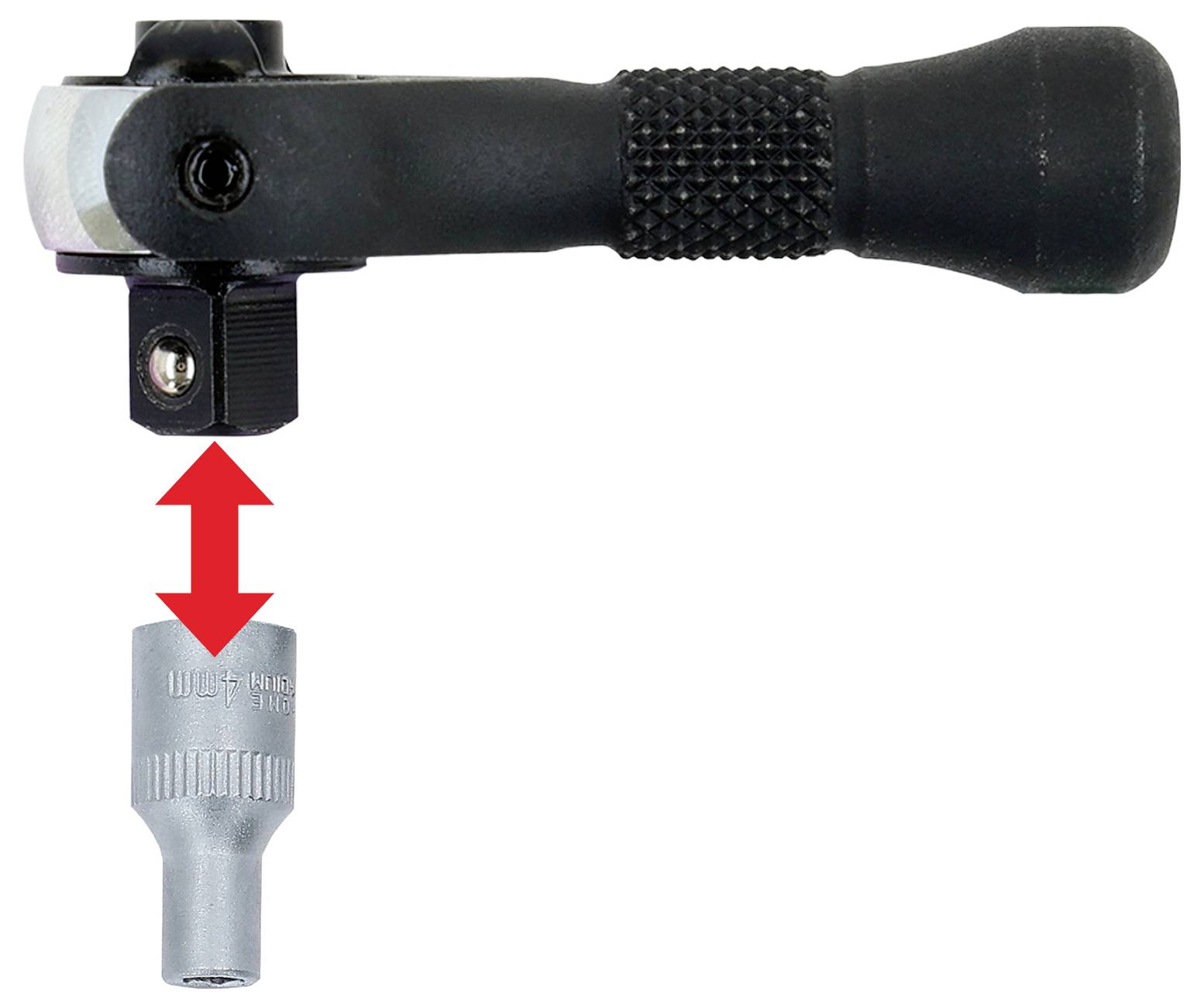 Eine schwarze Ratsche schwebt über einem Steckschlüssel, mit einem roten Pfeil zwischen ihnen, der eine Verbindung oder Befestigung andeutet.