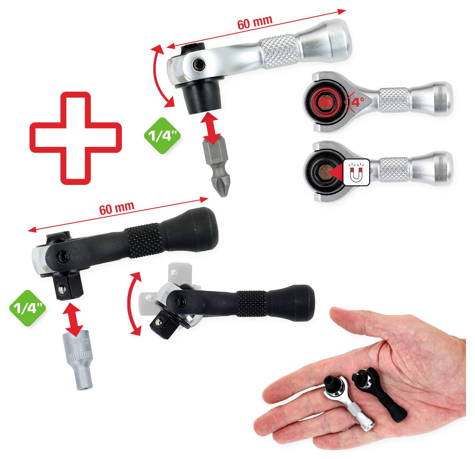 Eine Hand, die zwei kleine Ratschenschlüssel hält, einen silbernen und einen schwarzen. Nahaufnahmen zeigen die Ratschenschlüssel, 60 mm lang, mit 1/4