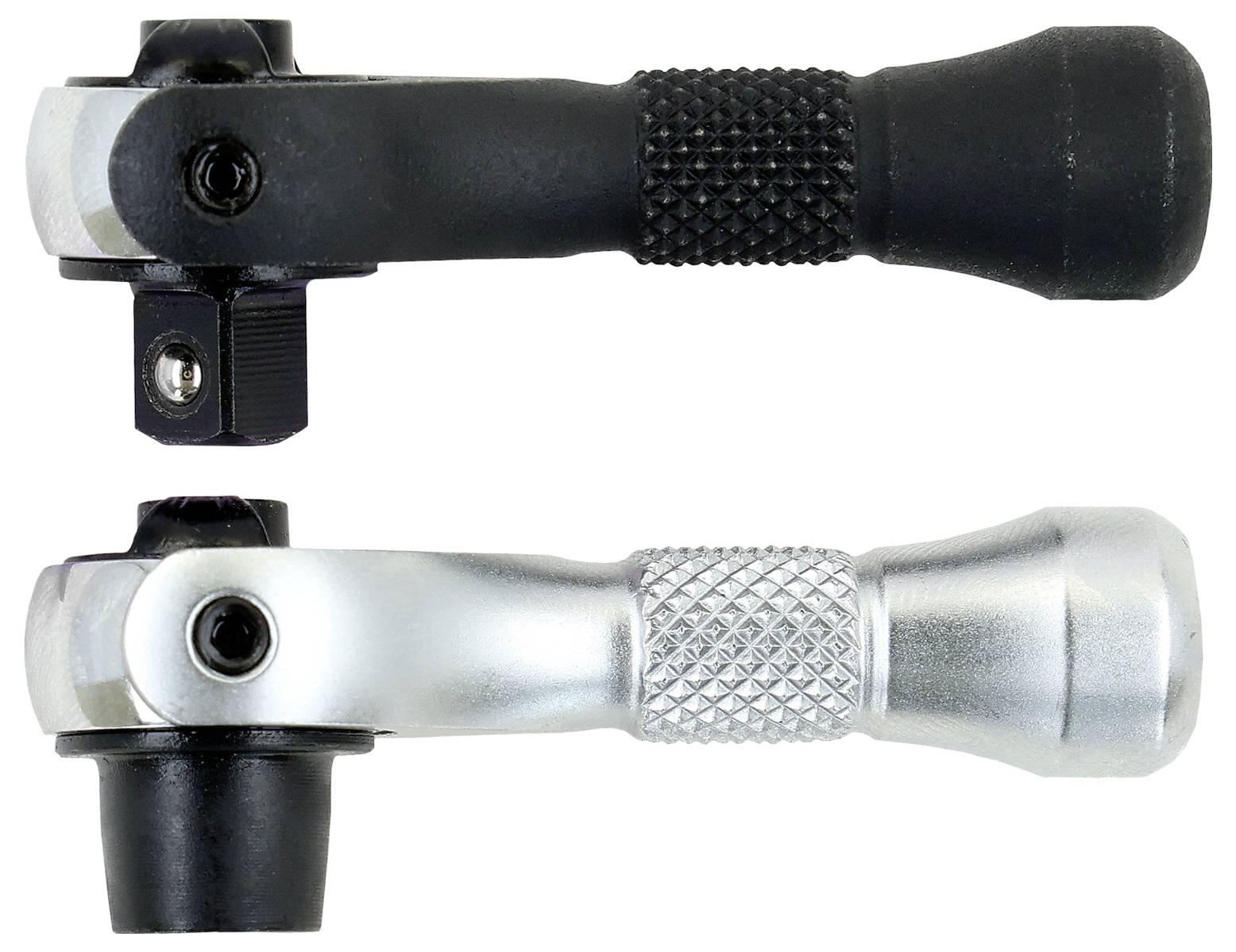 Zwei Schalthebel, einer schwarz und einer silbern, horizontal dargestellt. Jeder verfügt über einen strukturierten Griff und einen Hebel, die zum Wechseln der Gänge bei einem Fahrrad verwendet werden.