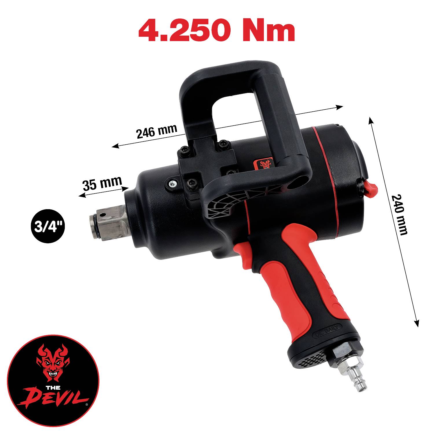 Ein pneumatischer Schlagschrauber mit der Bezeichnung 'The Devil' mit einem 3/4-Zoll-Antrieb, 4250 Nm Drehmoment und Abmessungen von 246 mm Länge und 240 mm Höhe.