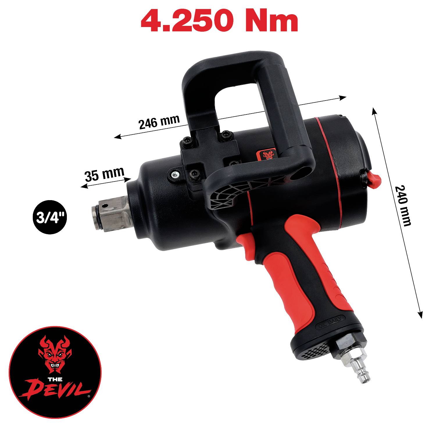 Druckluft-Schlagschrauber in Schwarz und Rot mit der Aufschrift ‚The Devil'. Drehmoment: 4.250 Nm. Abmessungen: 246 mm Länge, 240 mm Höhe, 3/4 Zoll Antrieb.