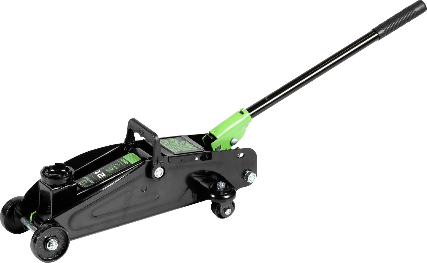 Ein schwarzer und grüner hydraulischer Wagenheber mit einem langen Griff, der zum Anheben von Fahrzeugen verwendet wird. Er verfügt über vier Räder für bessere Mobilität.