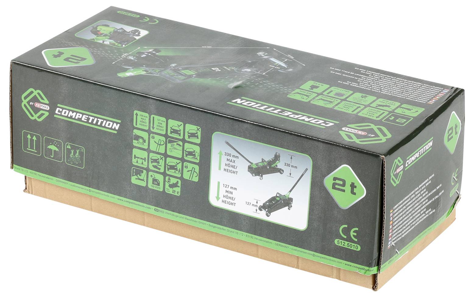 Eine grüne und schwarze Box mit der Beschriftung '2t Competition', die eine Diagrammzeichnung mit Spezifikationen zum Zusammenbau eines Spielzeugfahrzeugs zeigt.