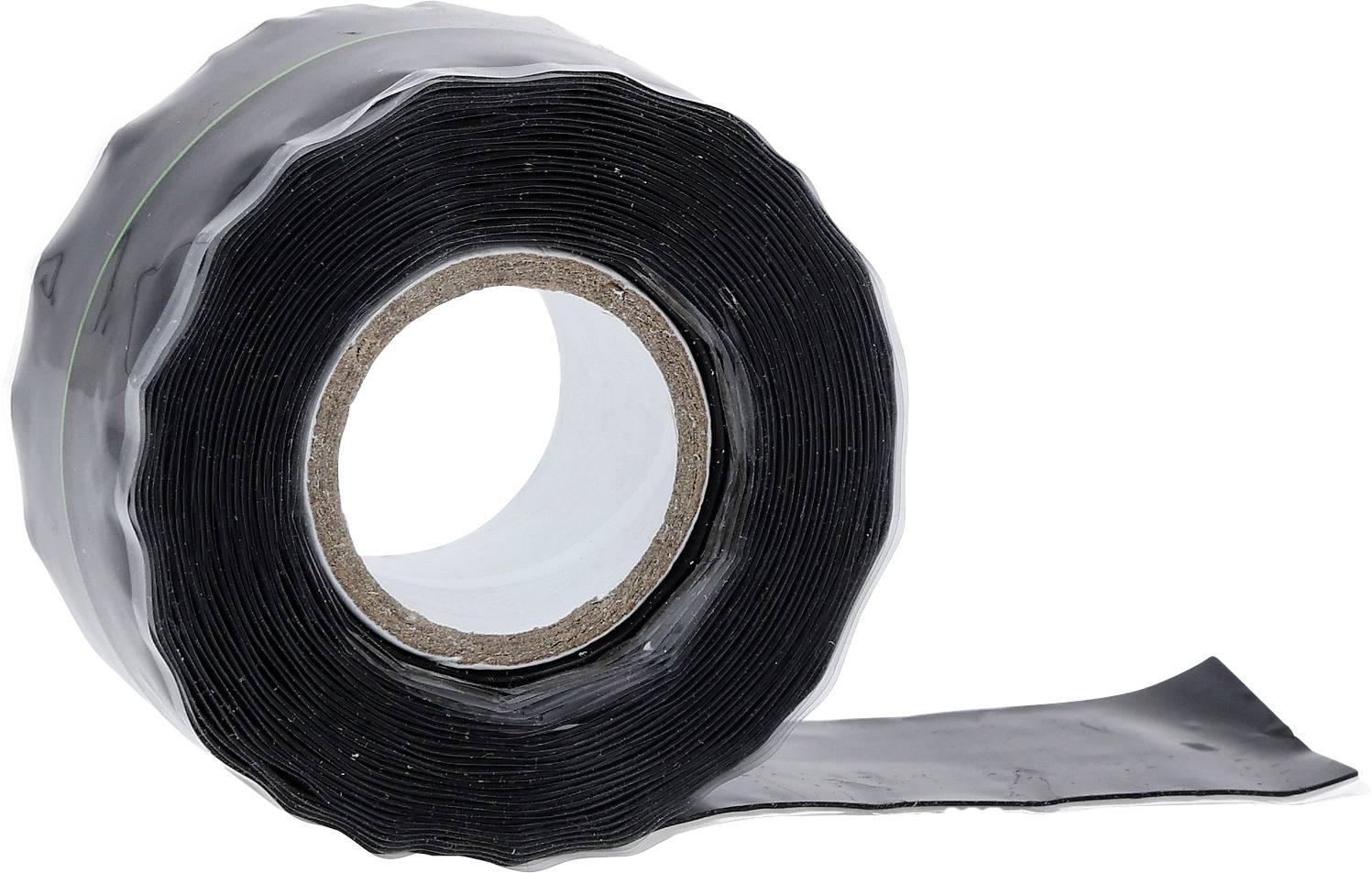 Eine Rolle schwarzes Klebeband, teilweise abgerollt und die Dicke und glänzende Oberfläche zeigend, wahrscheinlich zum Abdichten oder für Reparaturen verwendet.