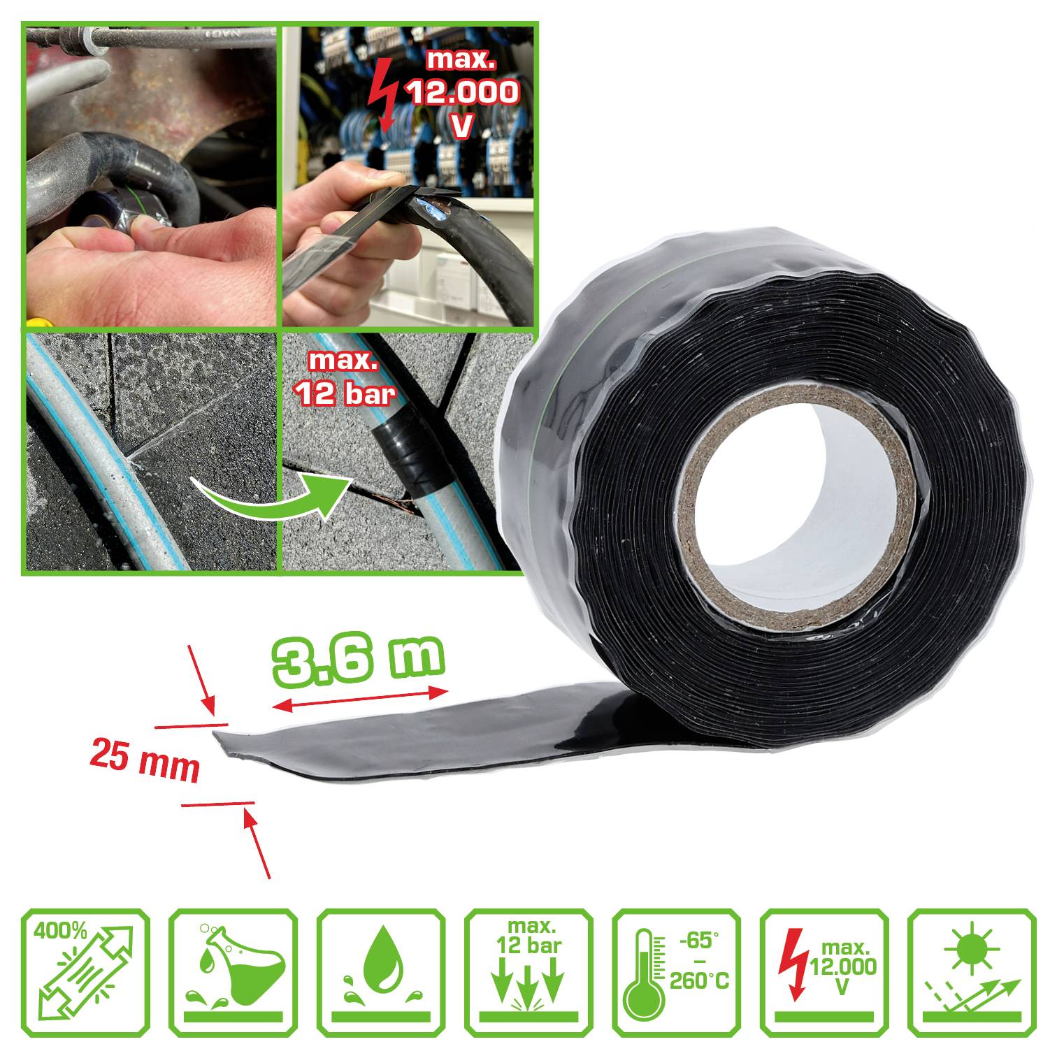 Band zum Abdichten von Rohren und Kabeln, hält bis zu 12.000 Volt und 12 bar Druck stand, misst 3,6 Meter, 25 mm Breite.