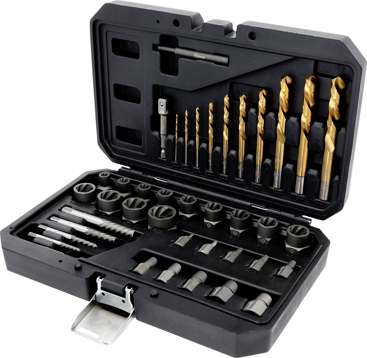 Ein schwarzer Werkzeugkoffer mit geöffnetem Deckel, der eine Reihe von Bohrern und Steckschlüsseln zeigt, die in zwei Schichten organisiert sind, wobei jedes Werkzeug an seinem vorgesehenen Platz liegt.