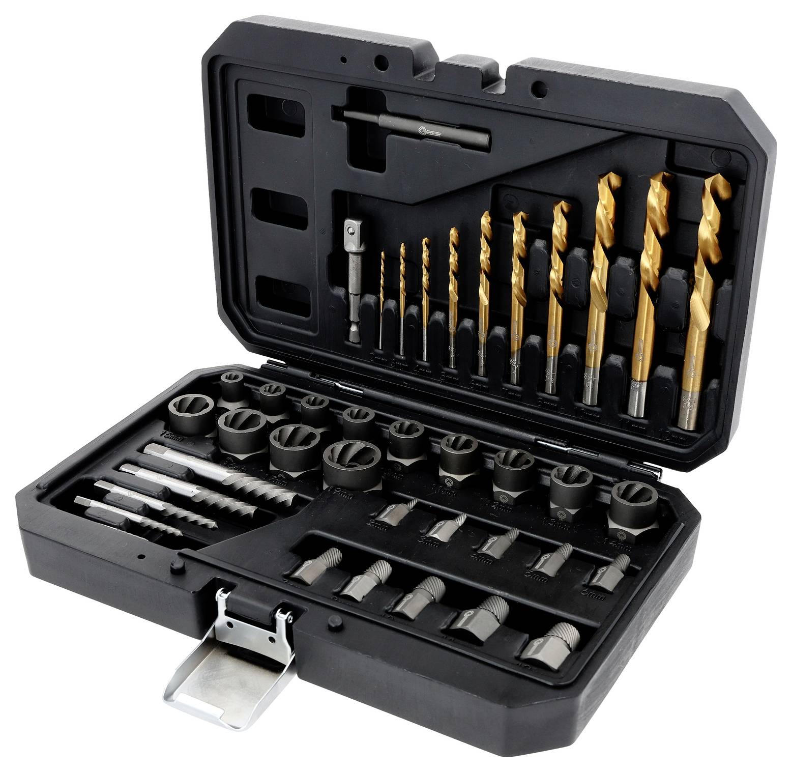 Geöffnete schwarze Plastikbox mit sortierten Bohrern und Steckschlüsseln, in Schaumstoffeinlagen organisiert, für verschiedene Bohrtätigkeiten konzipiert.