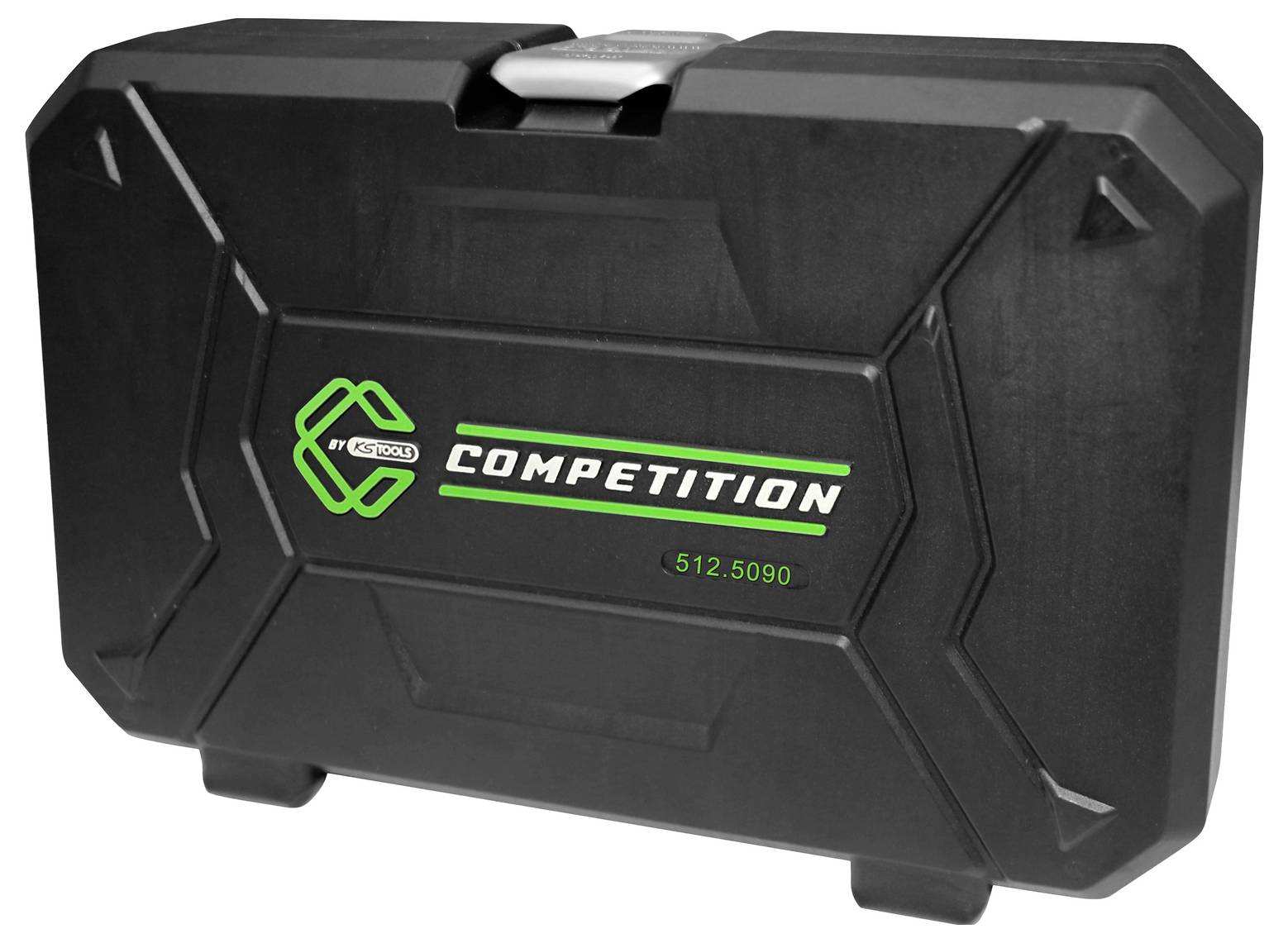 Eine schwarze rechteckige Tragetasche mit grüner Beschriftung, auf der 