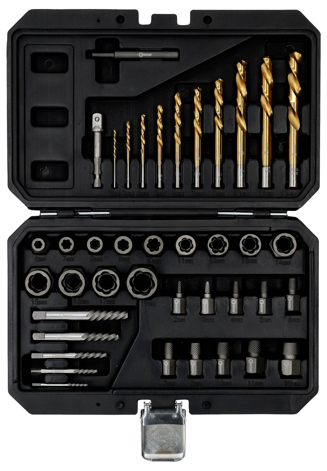 Ein schwarzer Kunststoffkoffer mit sortierten Bohrern und Schraubendrehern, die in Fächern angeordnet sind, einschließlich gold- und silberfarbener Bits in verschiedenen Größen und Formen.