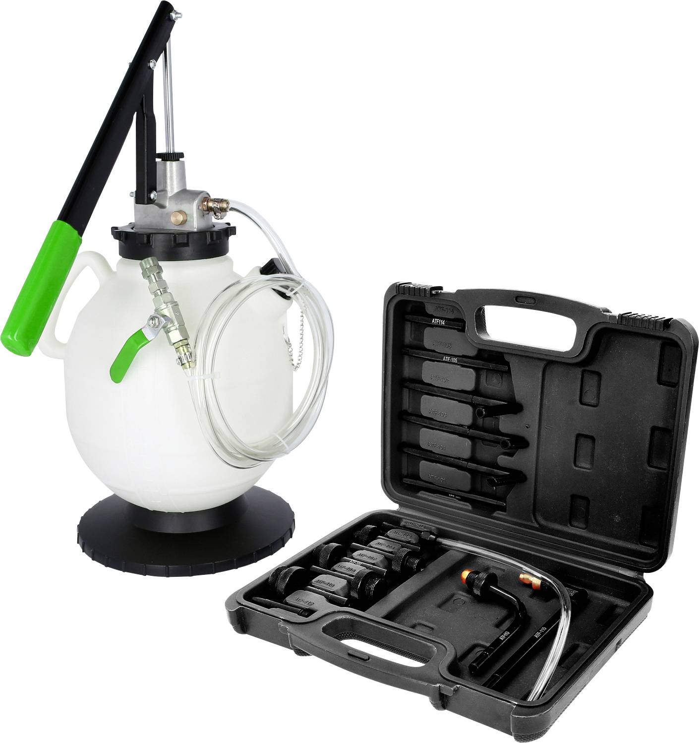 Ein manueller Flüssigkeitsextraktor neben einem geöffneten schwarzen Transportkoffer mit Fächern, die verschiedene Plastikdüsen und Anschlüsse enthalten.