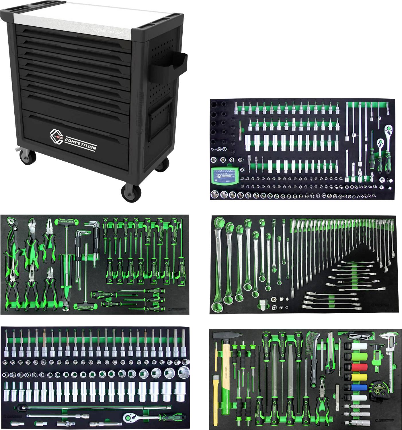 Ein schwarzer Rollwerkzeugschrank mit mehreren Schubladen, daneben sechs Schaumstoff-Werkzeugorganizer, auf denen sortierte Sätze von Schraubschlüsseln und anderen Werkzeugen ausgelegt sind.