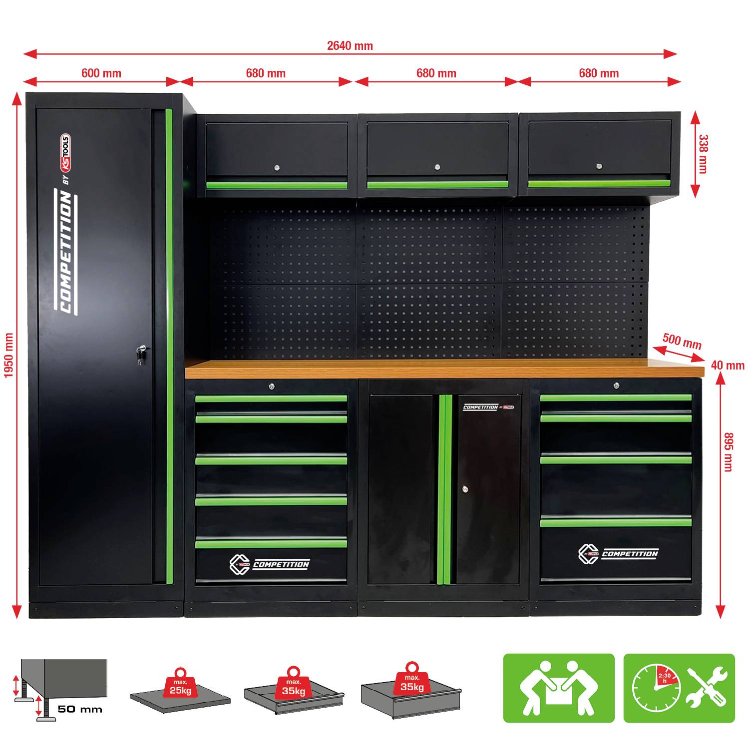 Arbeitsstation mit schwarzen Metallschränken und grünen Akzenten; Abmessungen und Tragfähigkeiten gekennzeichnet. Ausgestattet mit Stauraum, Holzplatte und Werkzeugsymbolen.