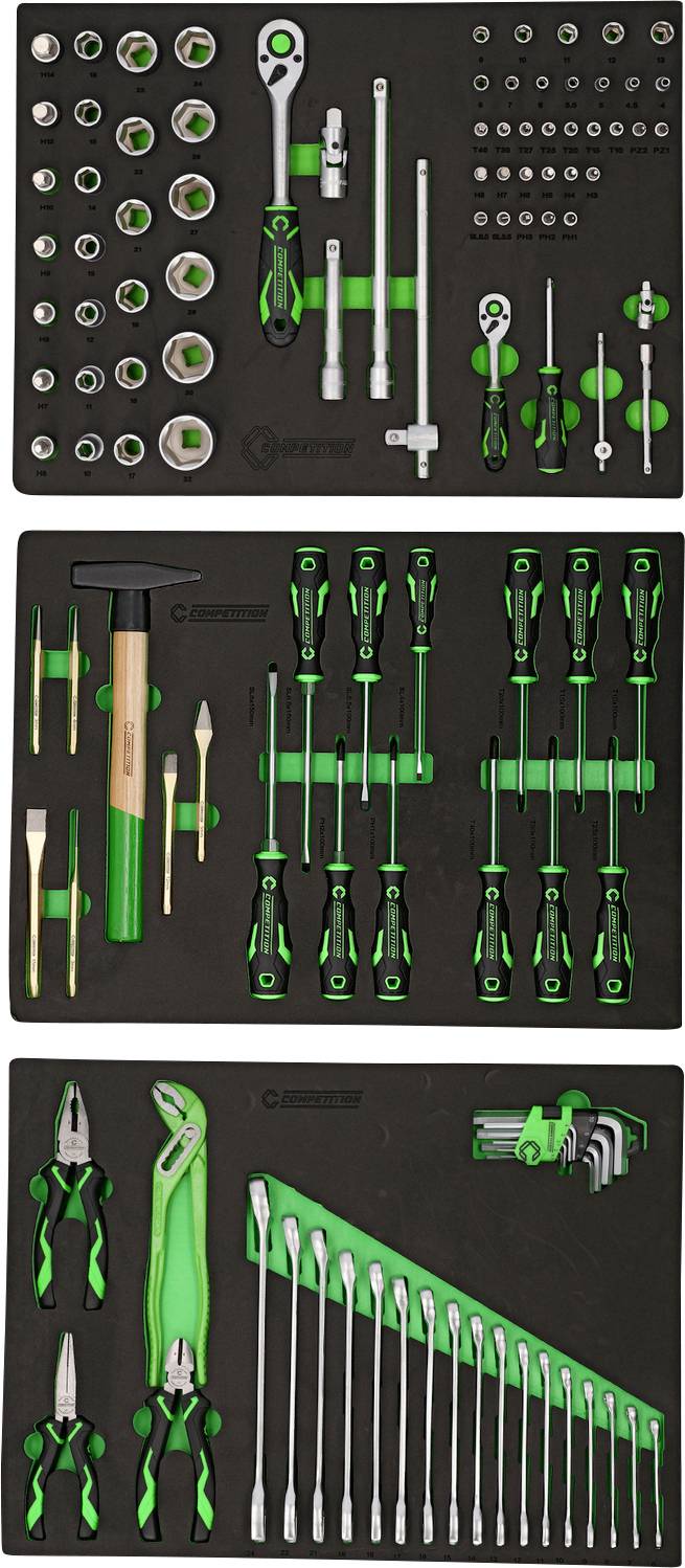 Werkzeugset in einem schwarzen Schaumstoffkoffer, bestehend aus Steckschlüsseln, Schraubenschlüsseln, Schraubenziehern und Zangen. Die Werkzeuge sind ordentlich in Reihen angeordnet.