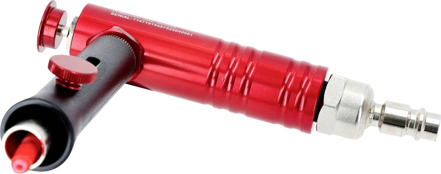 Rote und schwarze Druckluft-Werkzeug mit einer metallischen Düse, wahrscheinlich zum Airbrush oder Lackieren. Es verfügt über Einstellknöpfe für Präzision.
