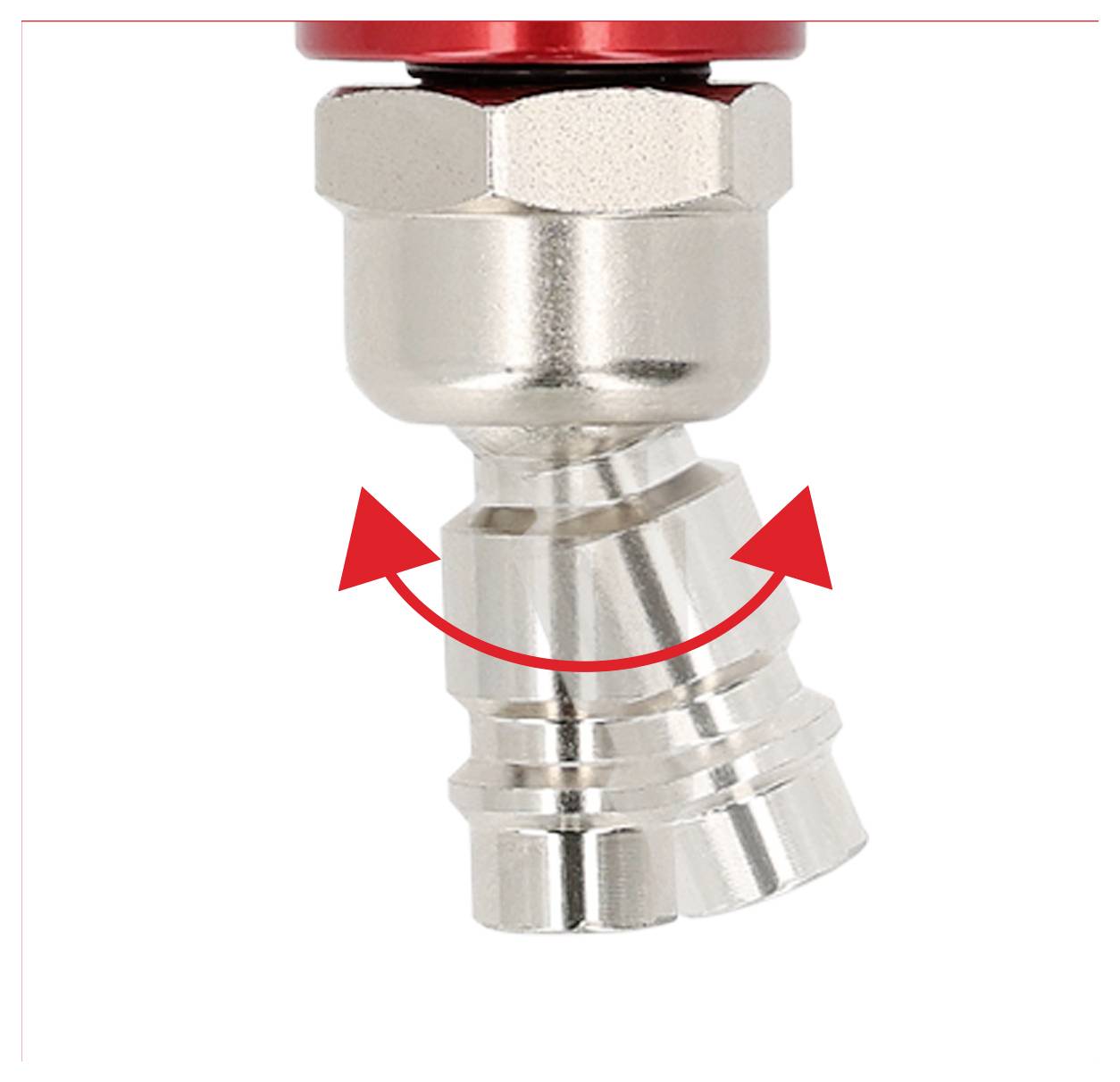 Eine Metallschwenkarmatur mit einem roten Anschluss dreht sich an der Verbindungsstelle, was durch zwei gebogene rote Pfeile in Bewegungsrichtung angezeigt wird.