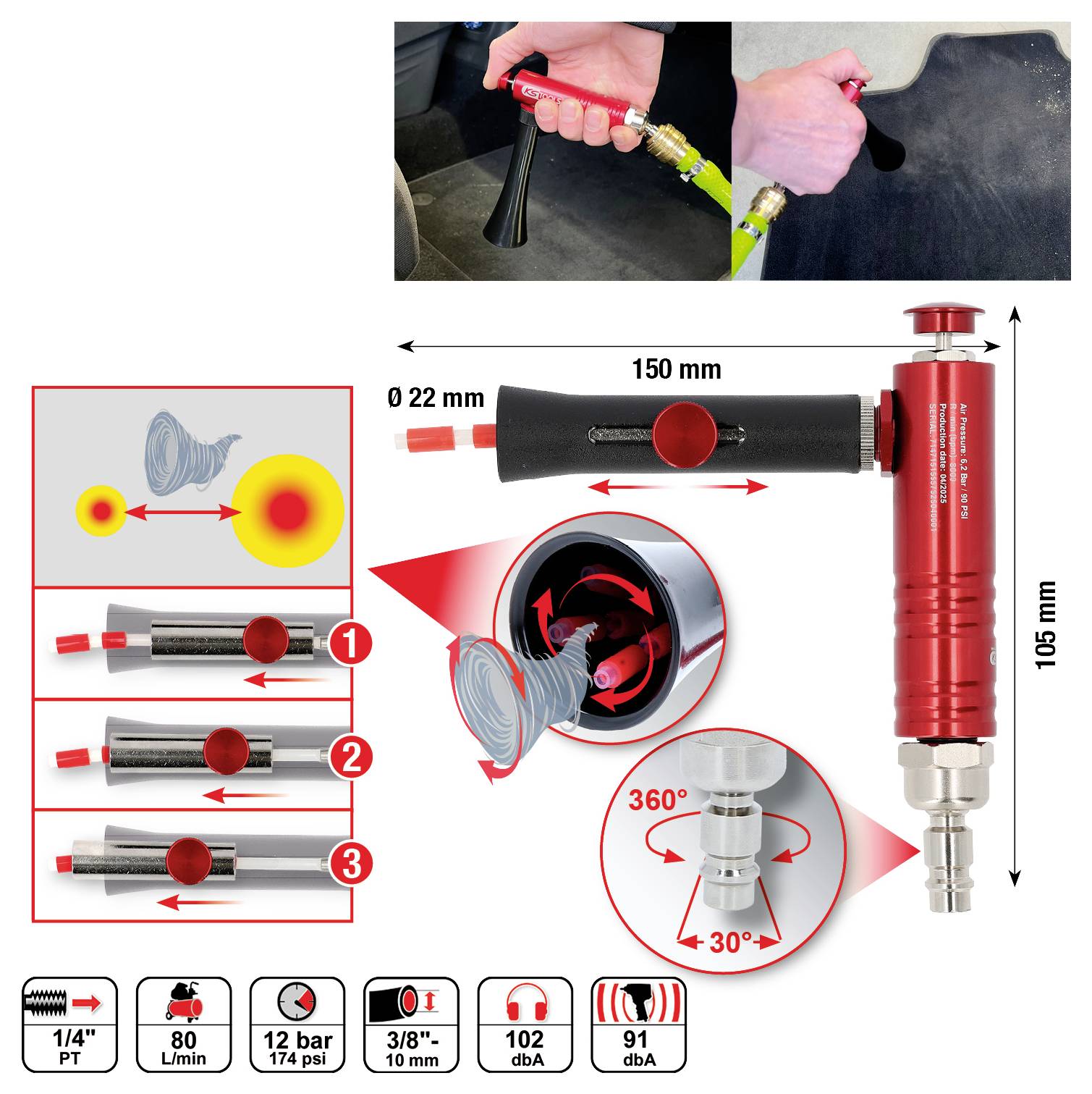 'AIR-CLEAN pneumatisches Reinigungswerkzeug' mit abnehmbarer Düse. Eigenschaften: 360°-Rotation, einstellbarer Luftstrom. Abmessungen: 150 mm x 105 mm.