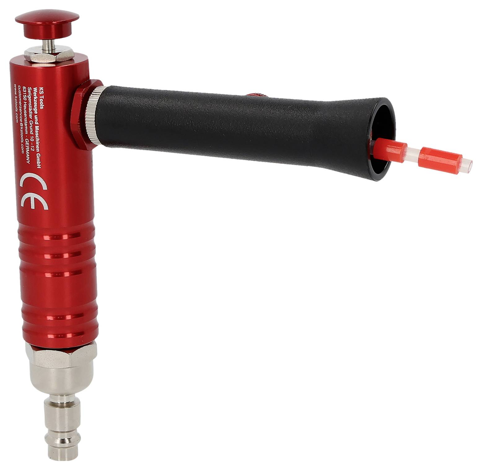 Ein rot-schwarzes Druckluftgerät mit einer metallischen Düse, das häufig für industrielle Anwendungen verwendet wird und eine Anschluss- und Sicherheitskonformitätsmarkierung aufweist.