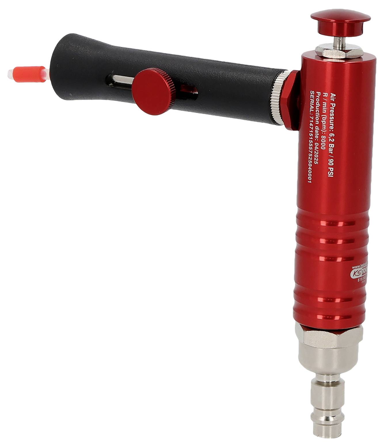 Roter Luftdruckmesser mit schwarzem Griff und Düsenanschluss, verwendet zum Aufpumpen von Reifen und Überprüfen des Luftdrucks.