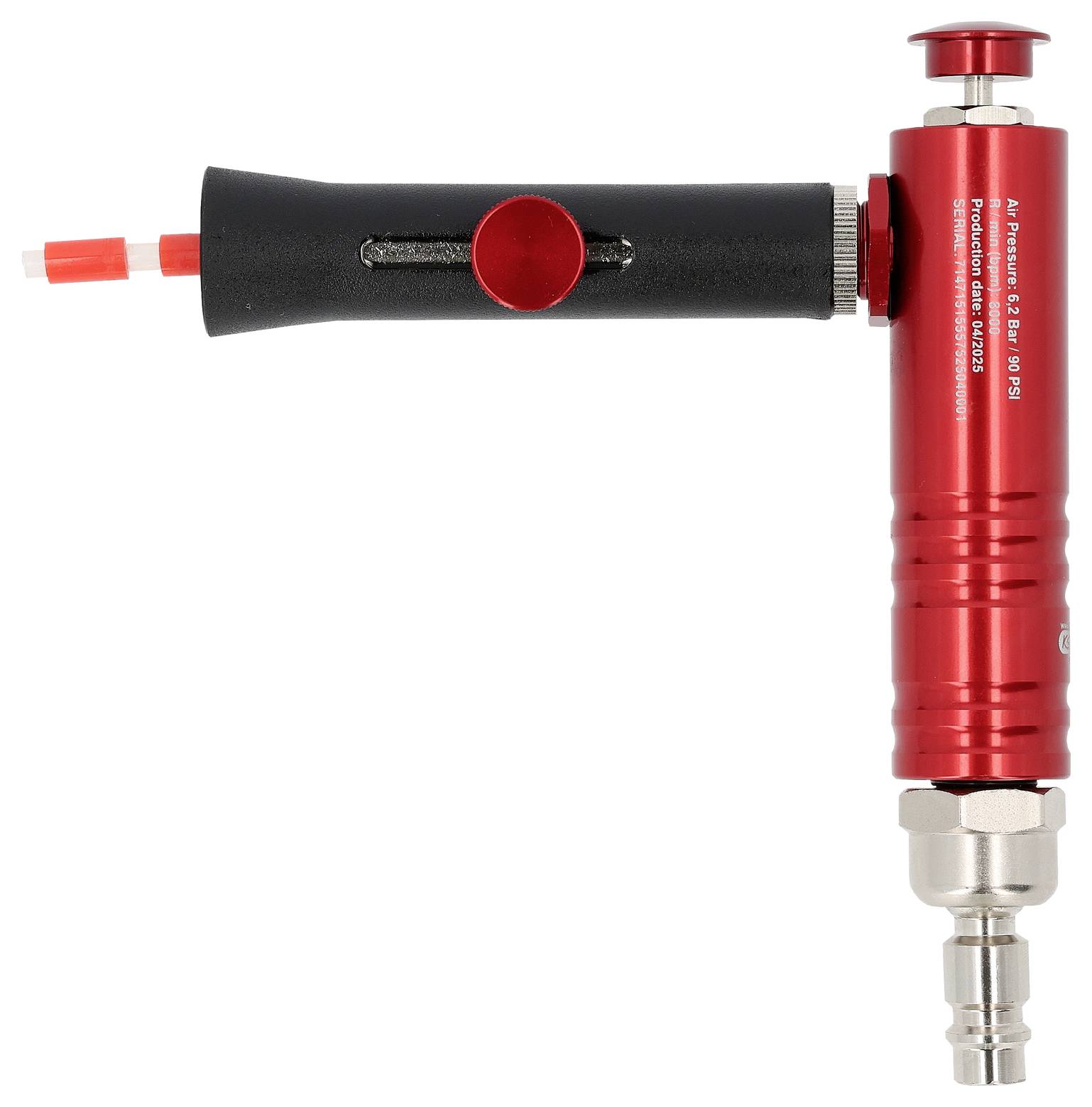 Ein rot-schwarzes Druckluftgerät mit Düsenaufsatz, ausgestattet mit einem Manometer am Griff und einem Metallverbinder am unteren Ende.