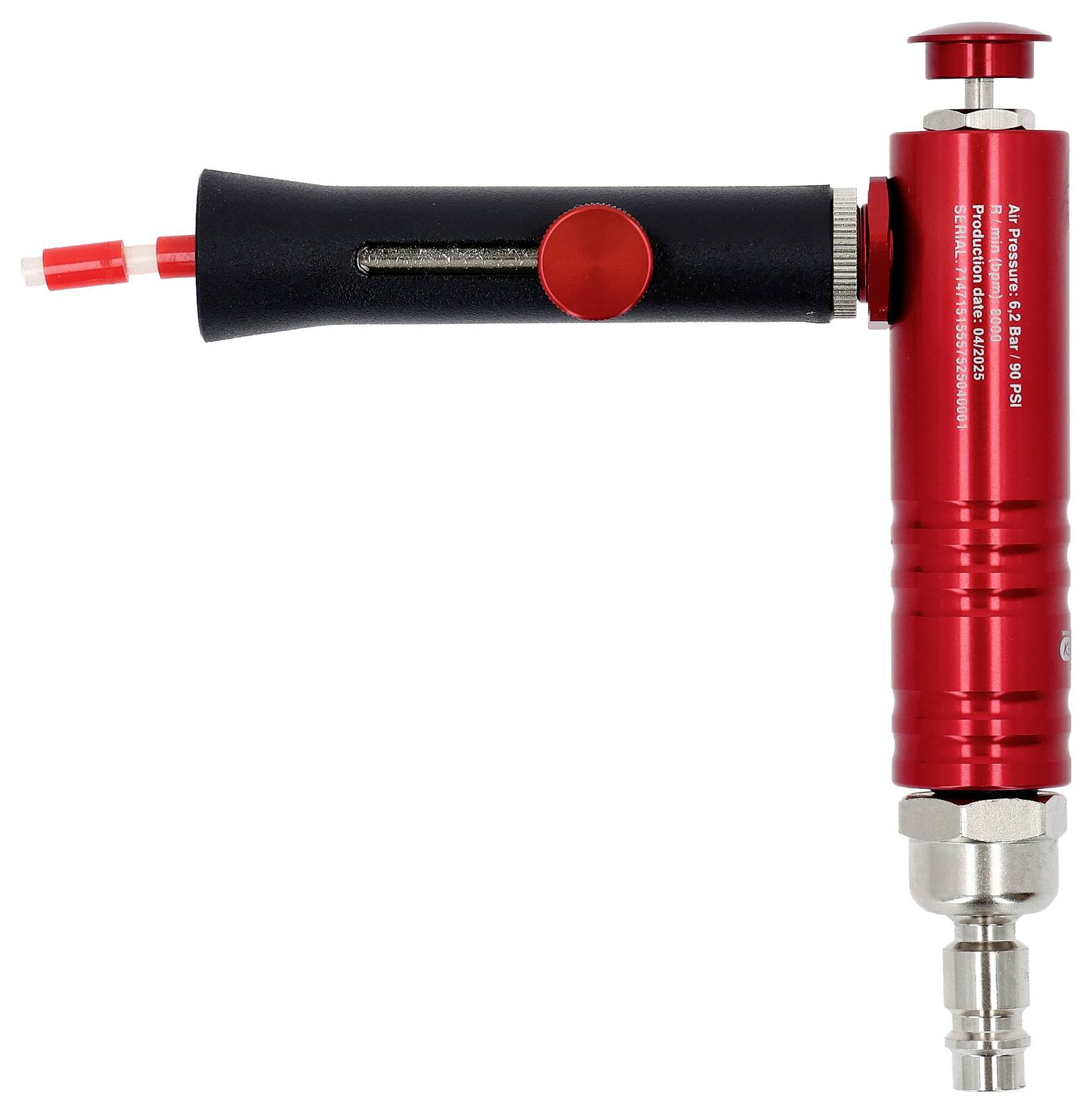 Ein rot-schwarzes pneumatisches Werkzeug mit angebrachter Düse, verwendet zum Reinigen oder Auftragen von Druckluft. Verfügt über einen roten kreisförmigen Knopf.