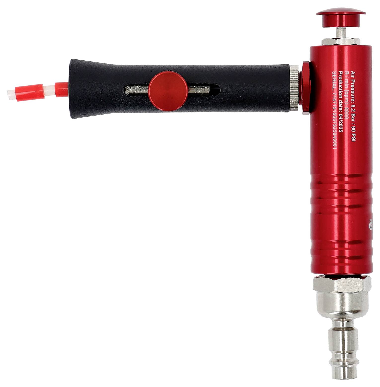 Ein rot-schwarzes, tragbares pneumatisches Werkzeug mit einem verstellbaren Drehknopf, das zur präzisen Regulierung des Luftdrucks verwendet wird.