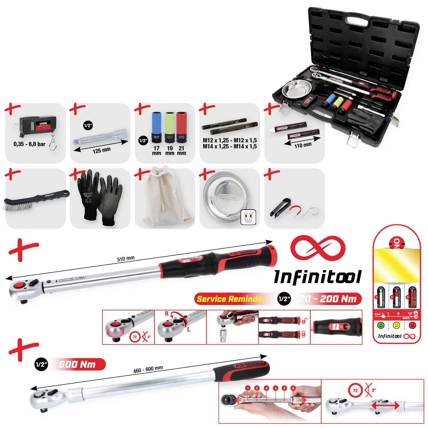 Drehmomentschlüssel-Set mit verschiedenen Anbauteilen, einschließlich Steckschlüsseln, Messwerkzeugen, Handschuhen, Bürste und Service-Erinnerungskarte, in Transportkoffer.