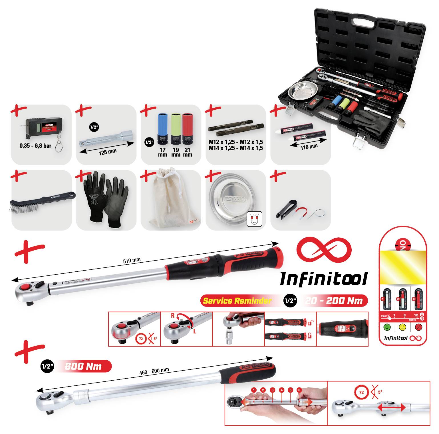 Der 'Infinitool' Drehmomentschlüsselsatz enthält einstellbare Schraubenschlüssel, Steckschlüssel, Handschuhe, eine Reinigungsbürste in einem Koffer, mit Messindikatoren.