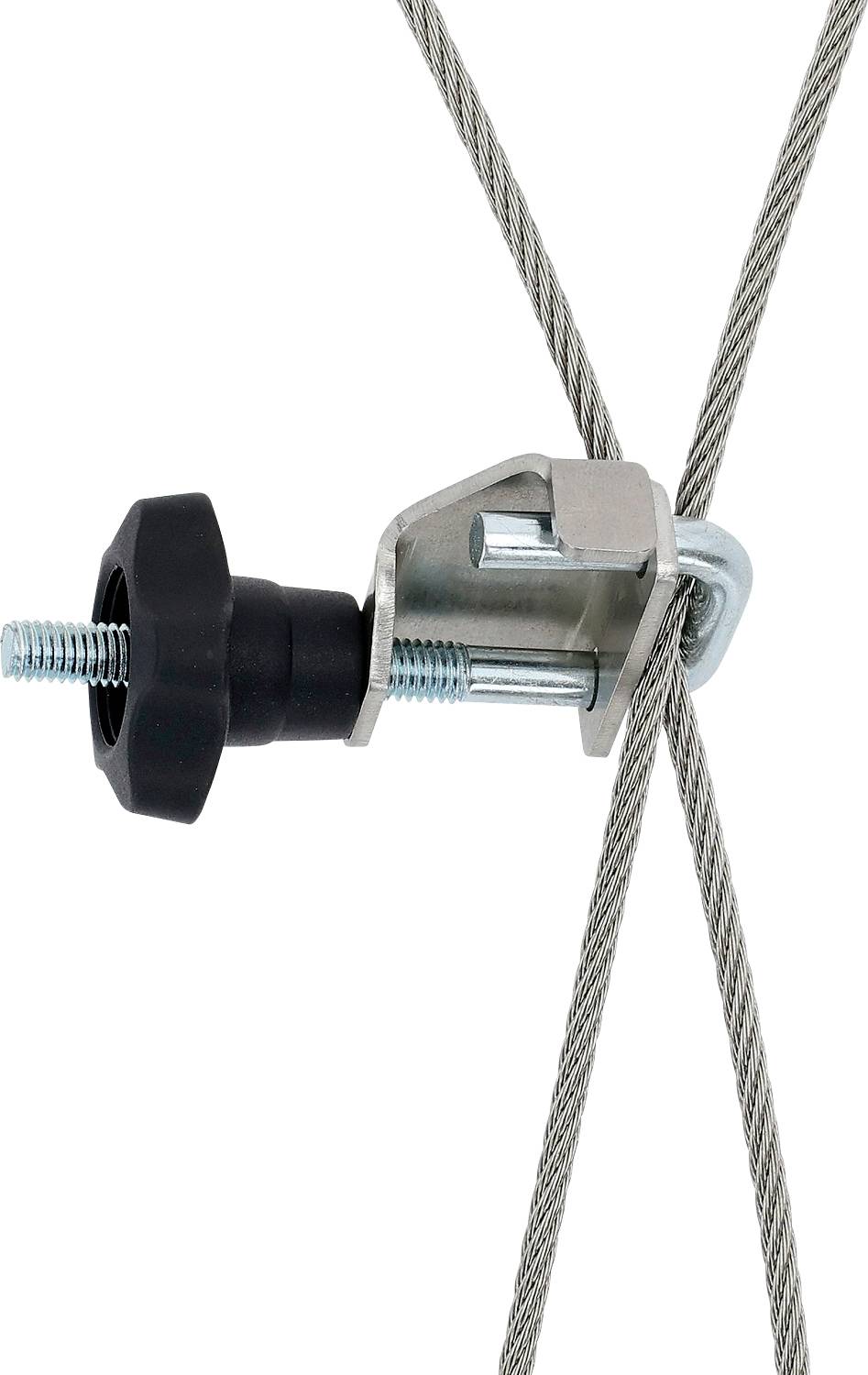 Ein Metallkabelverspanner mit einem schwarzen Kunststoffknopf spannt Stahlseile, die sich im rechten Winkel kreuzen, und wird wahrscheinlich zur strukturellen Unterstützung verwendet.