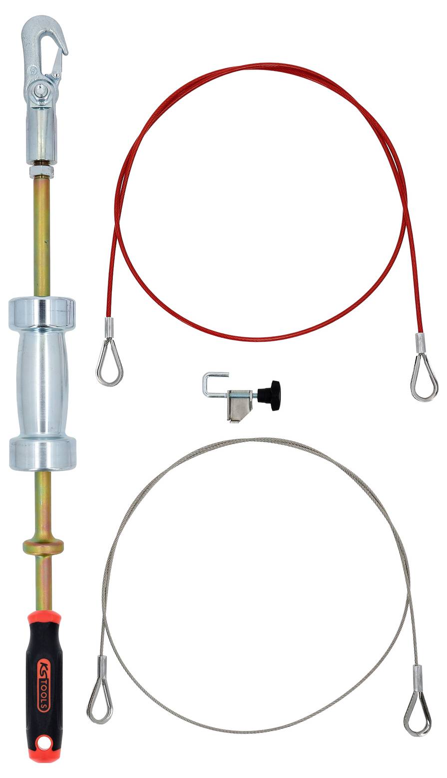 Set mit Metallseilen, verstellbarem Griff und Klemme zur Seilspannung. Rote und silberne Seile verfügen über Ösenenden für eine sichere Befestigung.