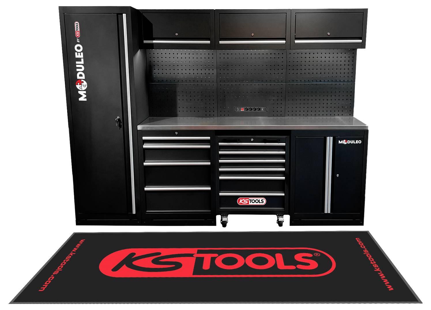 Eine schwarze modulare Werkbank mit verschiedenen Lagerschränken und einer Lochtafelrückwand. Eine 'KS Tools' markierte Matte ist davor platziert.