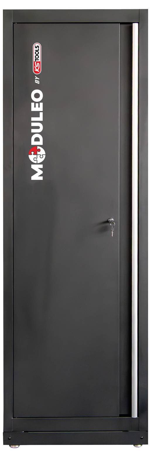Hoher schwarzer Schrank mit einer einzelnen Tür, oben mit 'MODULEO by SECOMP' beschriftet. Verfügt über einen Griff und ein Schlüsselloch auf der rechten Seite.