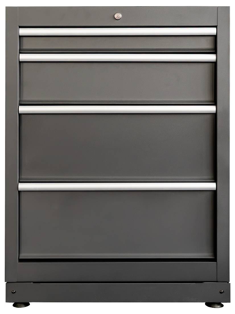 Ein schwarzer Metallwerkzeugschrank mit vier horizontalen Schubladen und silbernen Griffen, konzipiert zur Organisation von Werkzeugen oder Materialien.