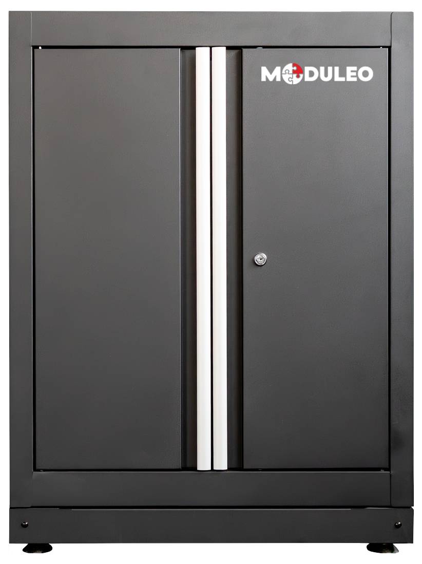 Ein schwarzer Metallschrank mit einer abschließbaren Tür, auf dem in der oberen rechten Ecke das Wort 'MODULEO' zu sehen ist.