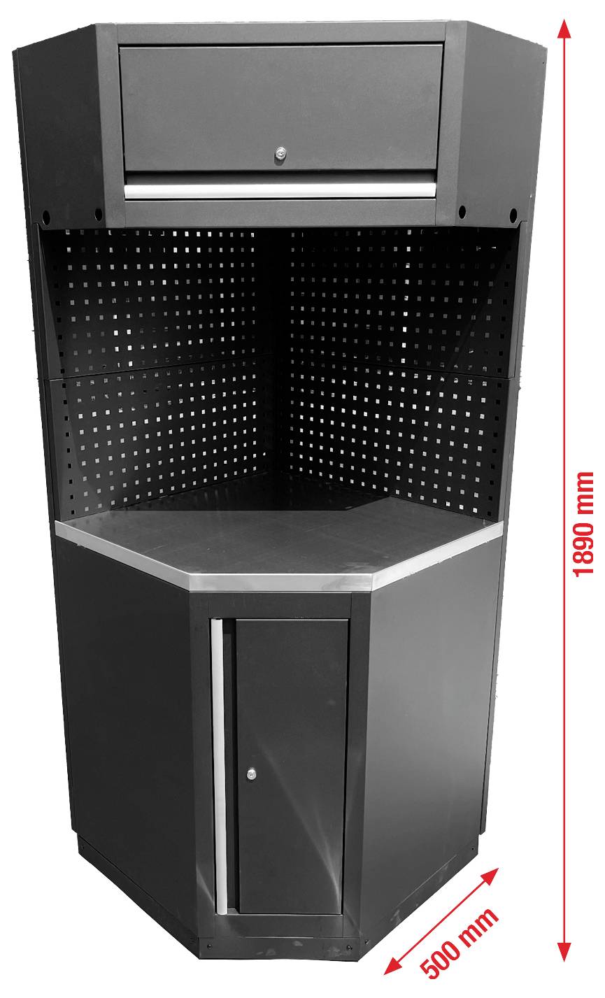 Hoher schwarzer Eckschreibtisch mit Lochplattenbeschichtung, einer oberen Schublade und einem unteren Schrank. Abmessungen: 1890 mm Höhe, 500 mm Breite.